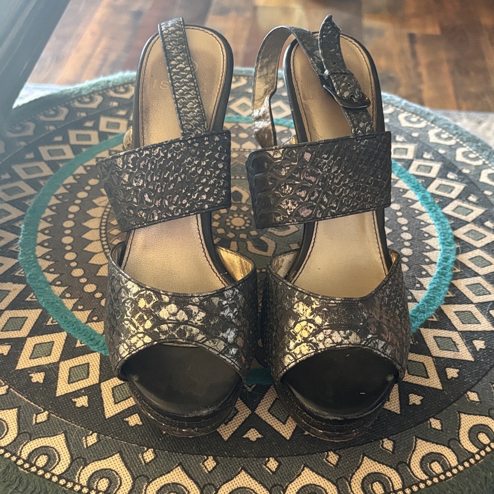Isola Metallic Black Snake-Embossed Platform Slingbacks